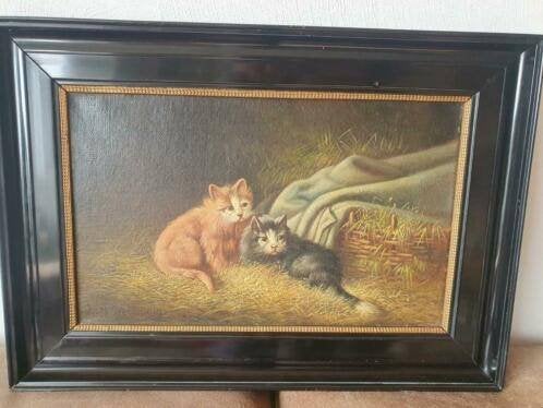 olieverf op doek L. M Webb 1919 2 katten in de stal, Ophalen