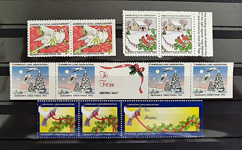 USA : TBC kerst/sluitzegel duos/strips 1990/92/93/97, Postzegels en Munten, Verzenden, Overige thema's