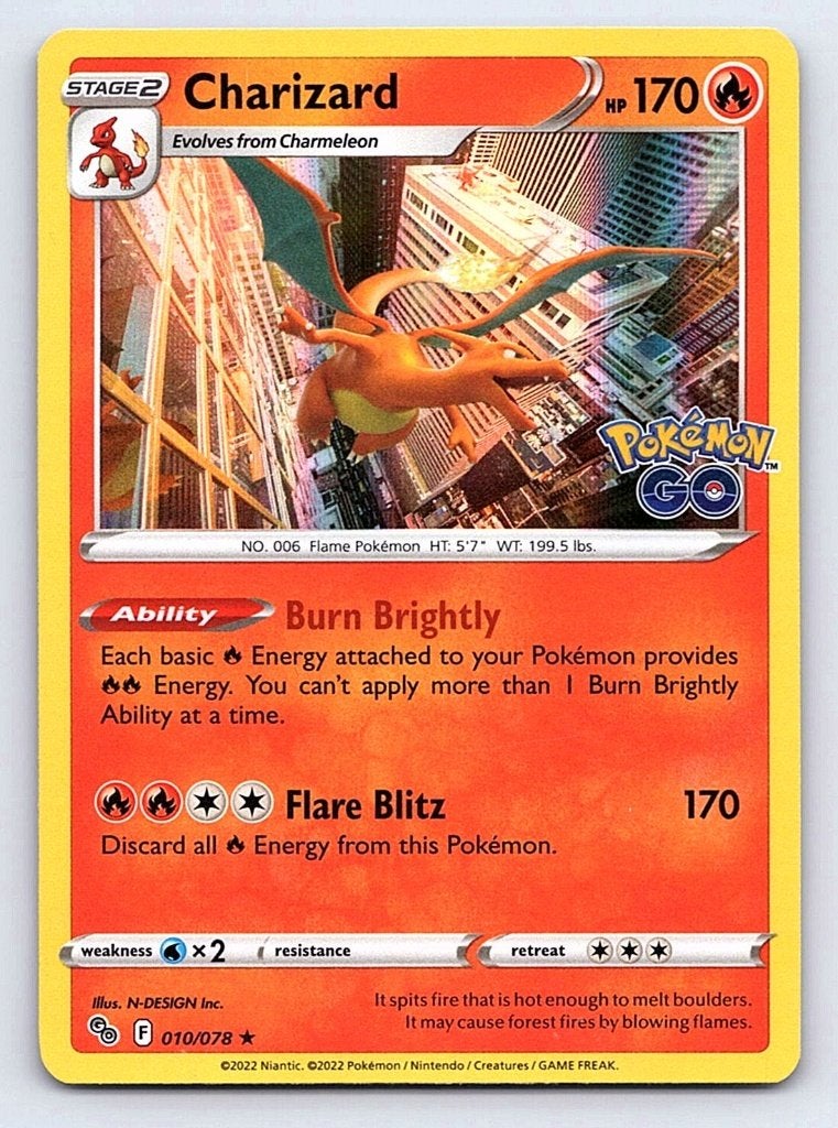 Charizard 10 pokemon GO, Ophalen of Verzenden, Zo goed als nieuw, Losse kaart, Foil