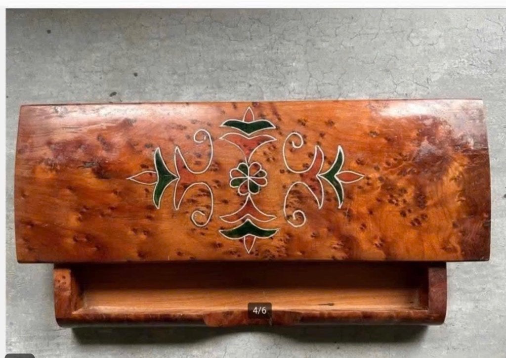 Antiek Bureau Kistje 2 vaks bovenzijde ingelegd decoratief, Huis en Inrichting, Woonaccessoires | Kisten, Minder dan 50 cm, 50 tot 100 cm