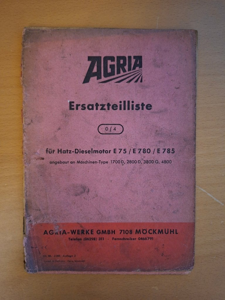 Onderdelenboek Agria voor Hatz motor E75, E780 en E785, Ophalen of Verzenden, Gelezen, Tractor en Landbouw