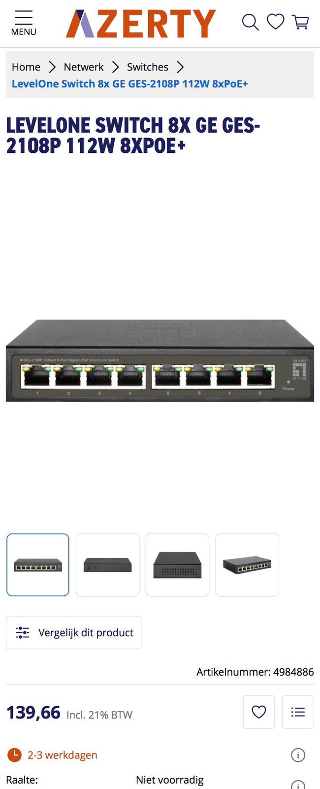 LevelOne 8-Poorts Gigabit PoE Smart Line Switch (GES-2108P), Ophalen, Nieuw