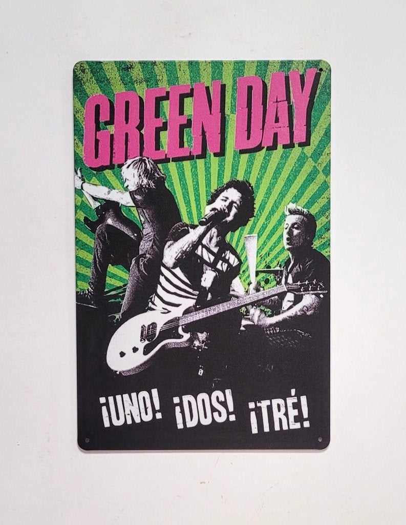 Green Day Uno Dos Tre reclamebord van metaal wandbord deco, Info@deconoord.nl, Deco Noord, Nieuw, Ophalen of Verzenden