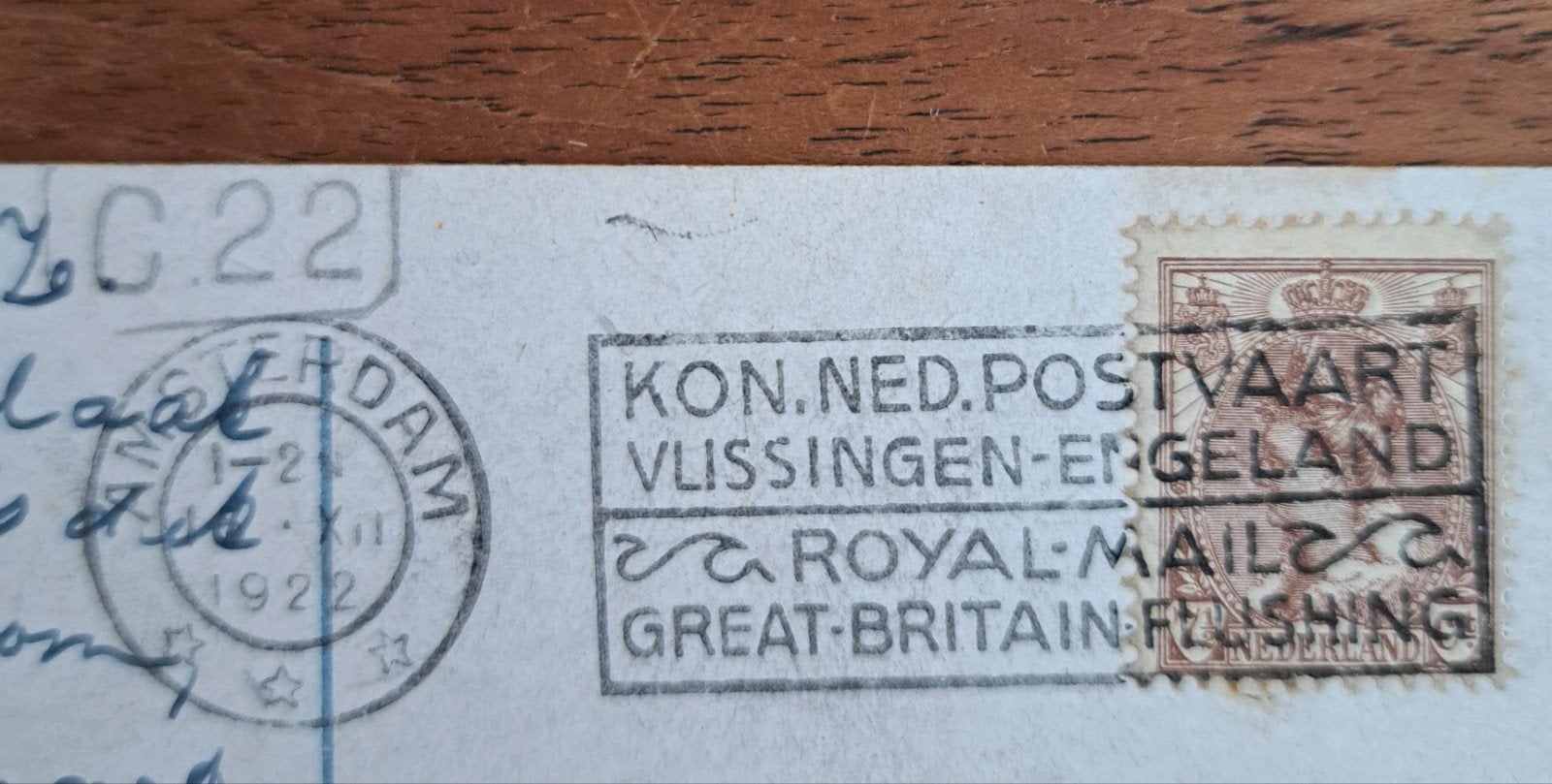 Oude kaart met poststempel - 1922 - Vlissingen naar Engeland, Ophalen of Verzenden, 1920 tot 1940, Gelopen, Politiek en Historie