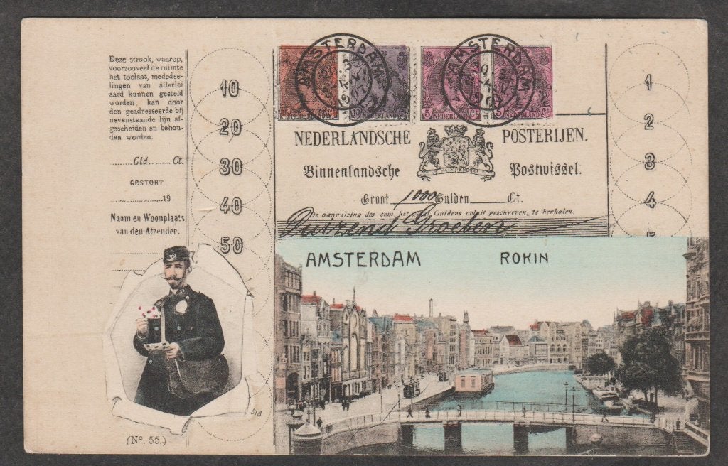 amsterdam  rokin  met postbode en postzegels op de kaart, Verzamelen, Verzenden, Voor 1920, Ongelopen, Noord-Holland