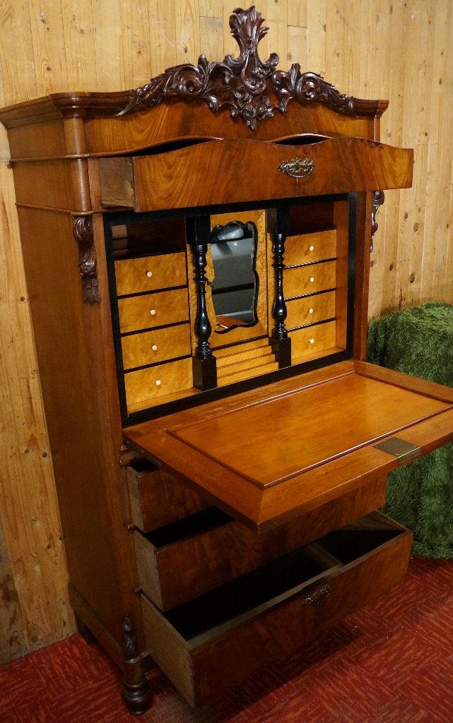 Antiek Biedermeier Strak mahonie houten klep secretaire buro, Ophalen, Gebruikt, Biedermeier Victoriaans Antiques Klassiek 19e Rustiek Romantisch