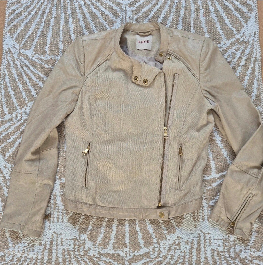 Kiomi leren/stoffen jasje maat 38, Kleding | Dames, Maat 38/40 (M), Beige, Kiomi, Ophalen of Verzenden