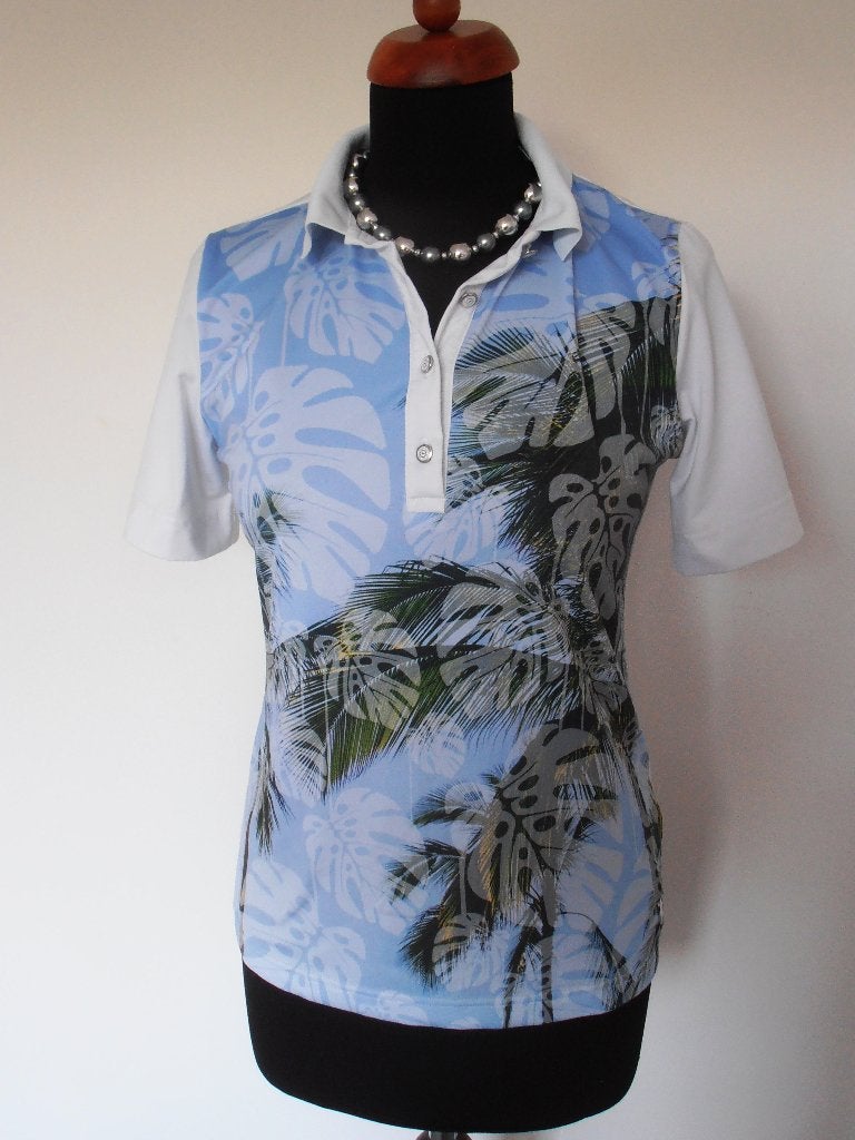 Golfino - prachtig blauwe print poloshirt - 38, Maat 38/40 (M), Korte mouw, Gedragen, Golfino