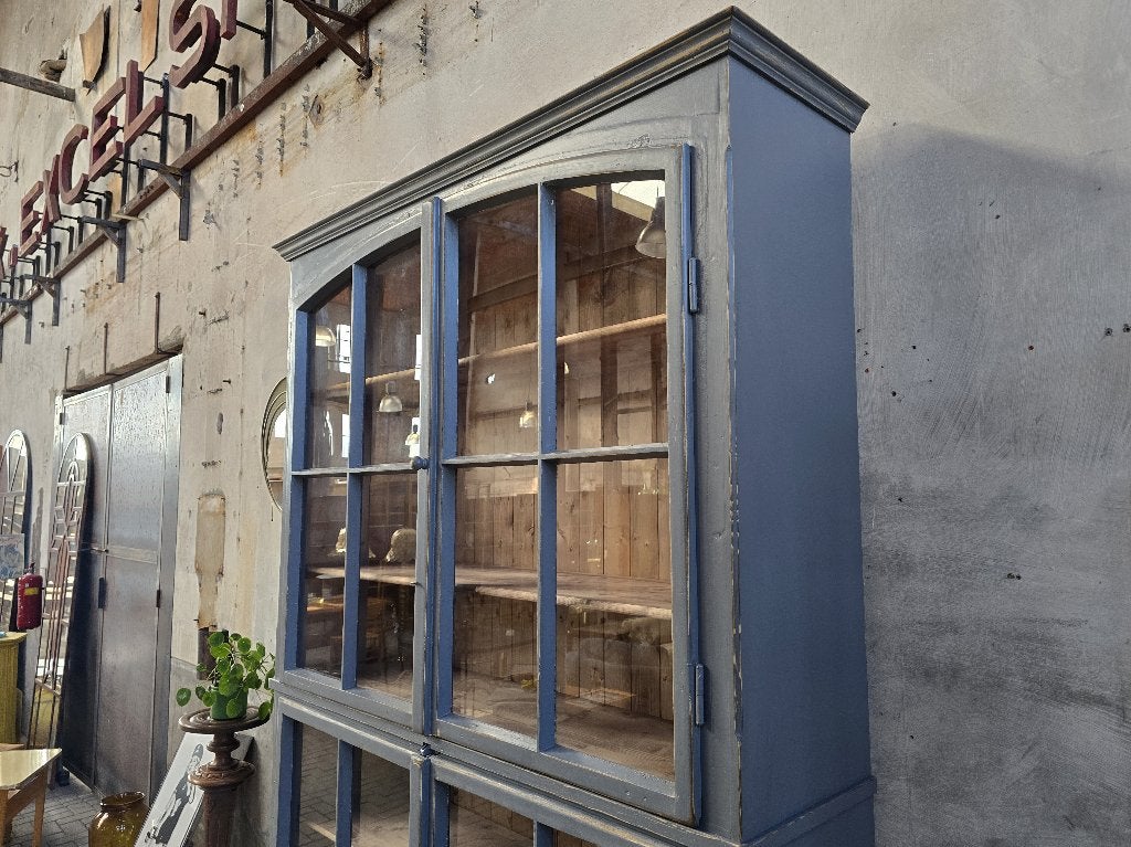 XL Vintage Houten Vitrinekast Blauw Grijs Grote Vitrine Kast, Huis en Inrichting, Antiek Retro Vintage Brocante Landelijk, 200 cm of meer