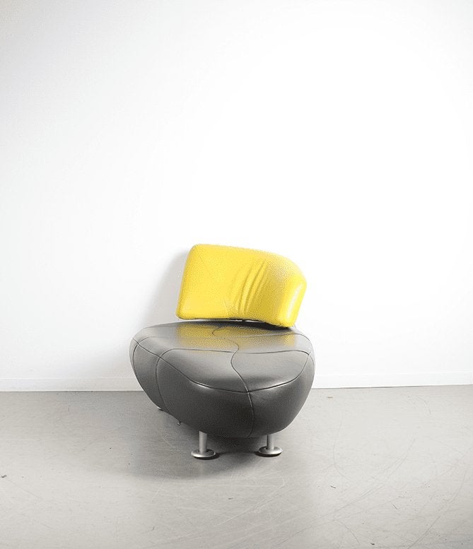 Leolux Kikko Chaise Longue Fauteuil Zwart/Geel Leer, Leolux, Zo goed als nieuw, Niet ingevuld, Niet ingevuld