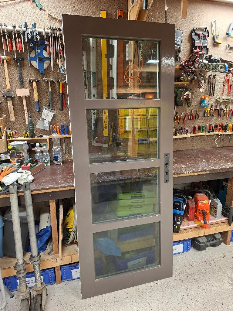 Moderne hardhouten deur met getint dubbel glas, Ophalen, Gebruikt, Buitendeur, 200 tot 215 cm