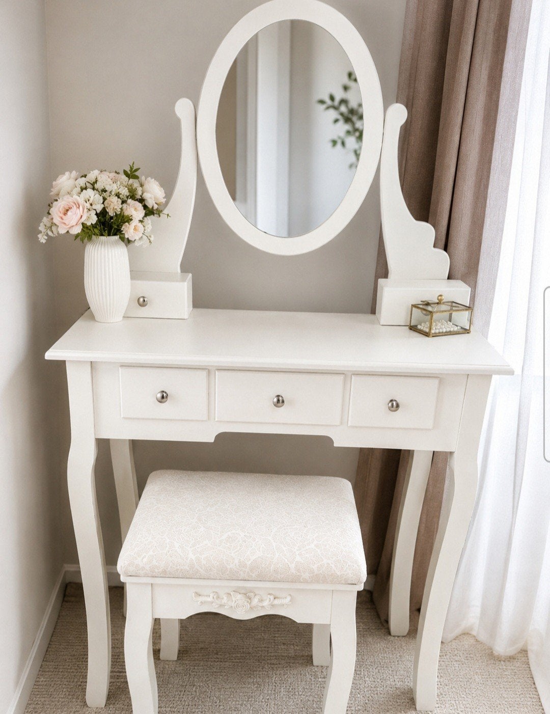 Elegante Witte Kaptafel met Spiegel en Krukje, Ophalen, 100 tot 150 cm, 50 tot 100 cm, Zo goed als nieuw