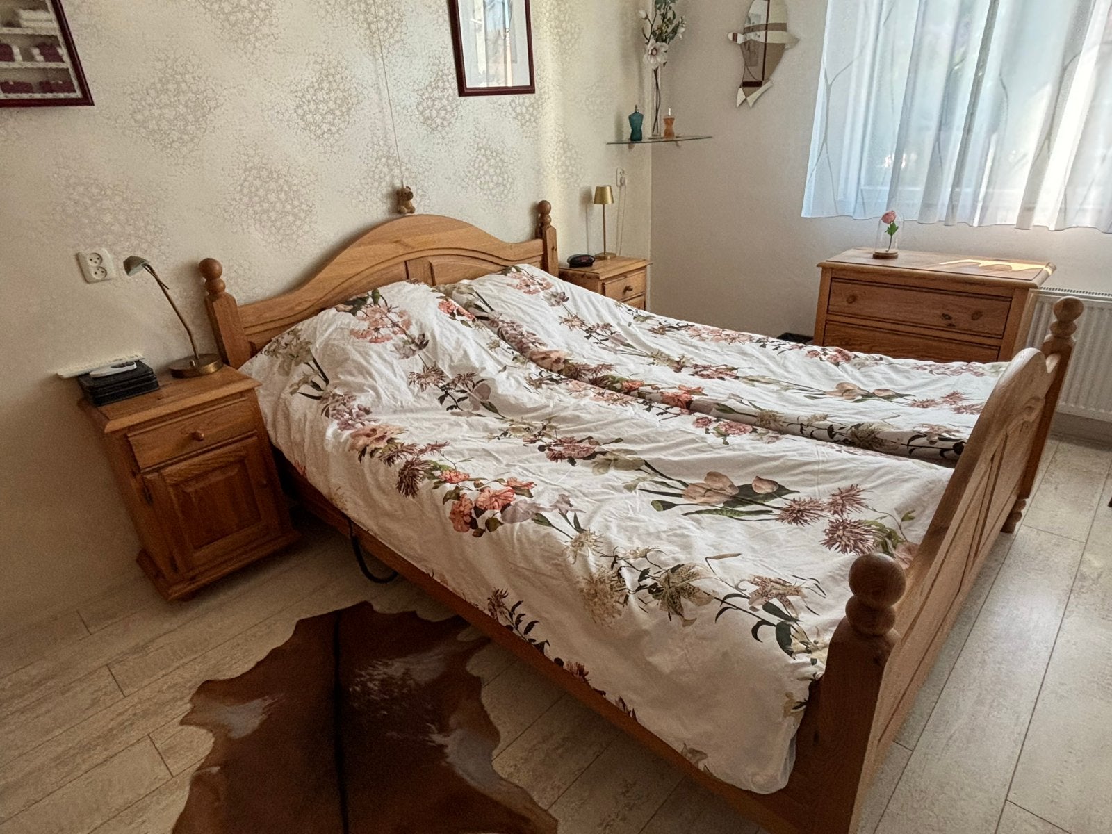 Tweepersoonsbed massief grenen 160x210 cm met nachtkastjes e, Ophalen, Gebruikt, 210 cm, Tweepersoons