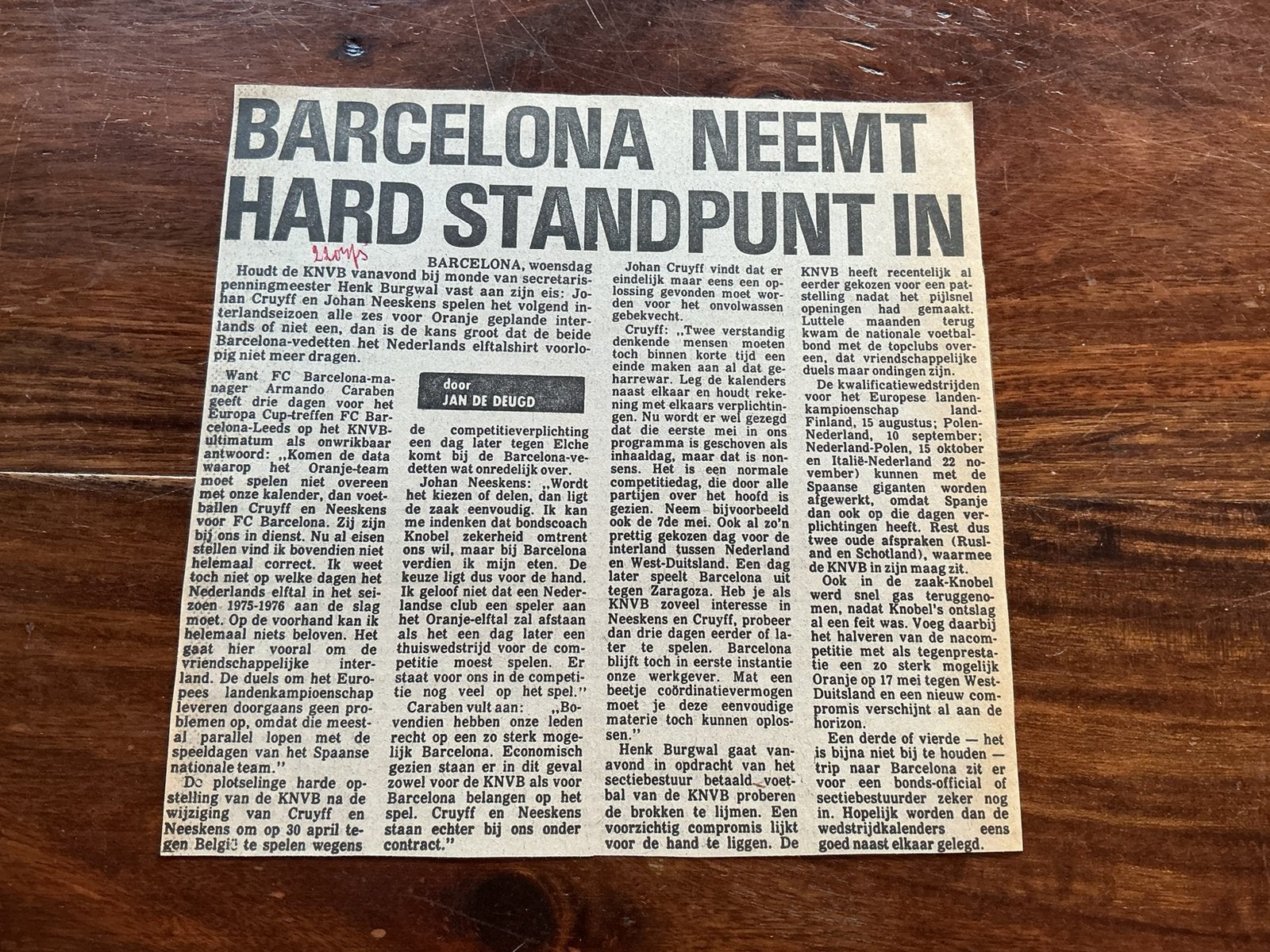 Voetbal krantenartikel Cruijff Neeskens Barcelona Oranje ‘75, Ophalen of Verzenden, Knipsel(s)