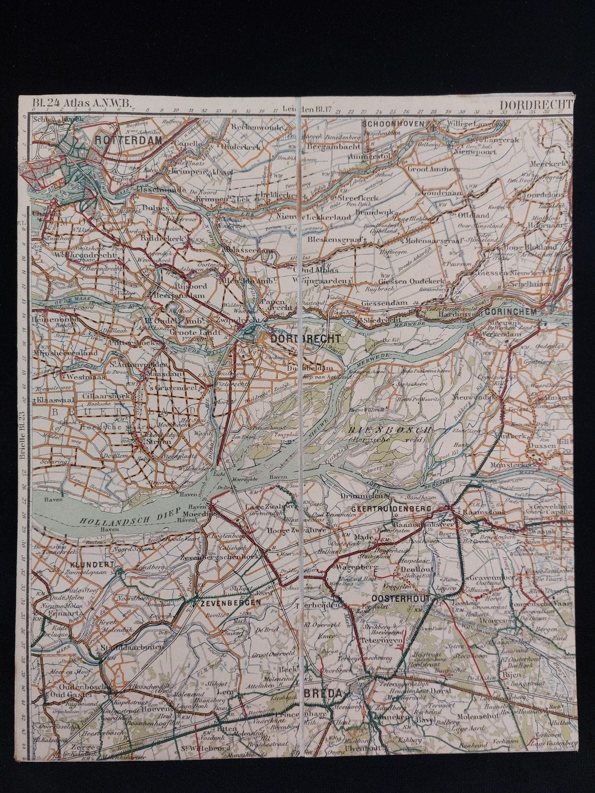 24 / Dordrecht en omgeving plattegrond uit Atlas ANWB 1920, Boeken, Gelezen, ANWB, Ophalen of Verzenden, Landkaart