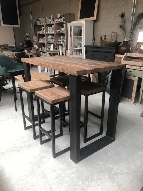 Bartafel hoge tafel 140x80x105cm hoog incl.barkrukken staal, Ophalen of Verzenden, Zo goed als nieuw