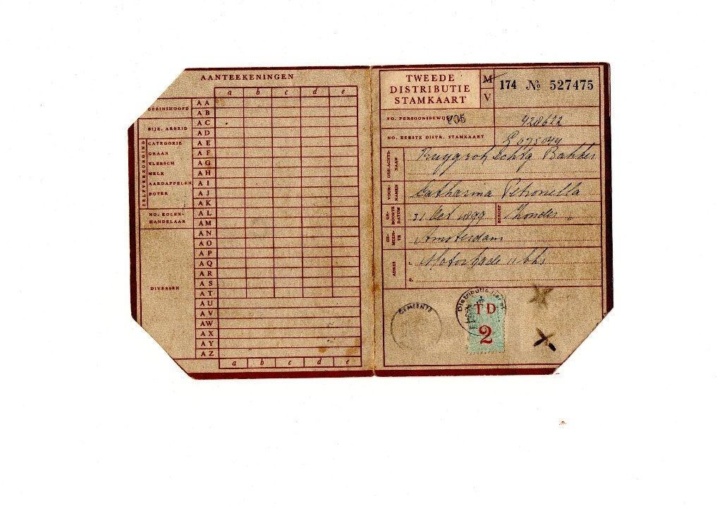 TWEEDE DISTRIBUTIESTAMKAART 174  AMSTERDAM Catharina, Ophalen of Verzenden, Nederland, Embleem of Badge
