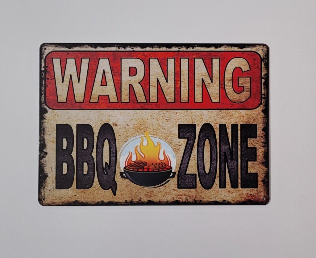 Warning BBQ Zone barbecue reclamebord van metaal wandbord, Info@deconoord.nl, Deco Noord, Nieuw, Ophalen of Verzenden