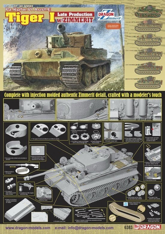 TOPKIT! Dragon 1:35 Tiger I late production w. zimmerit, Hobby en Vrije tijd, Modelbouw | Auto's en Voertuigen, Nieuw, Tank, 1:32 tot 1:50
