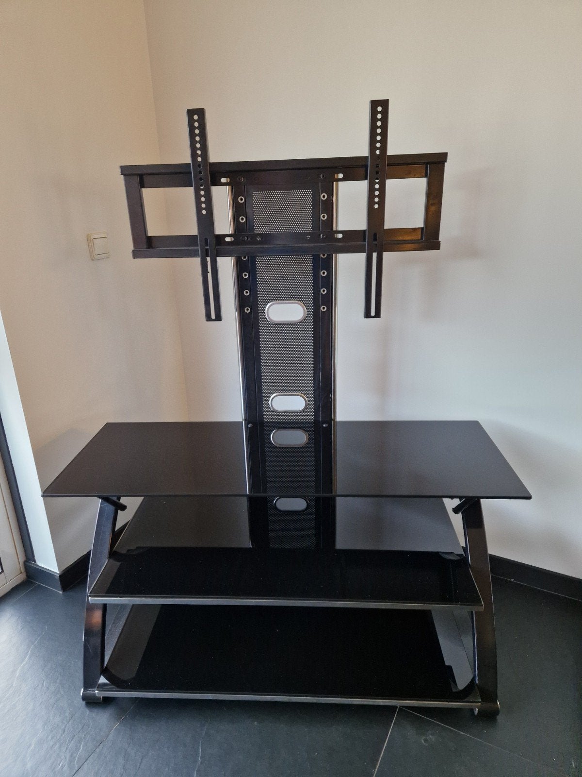 TV-meubel met beugel en glazen planken, Ophalen, Gebruikt, 50 tot 100 cm, Glas