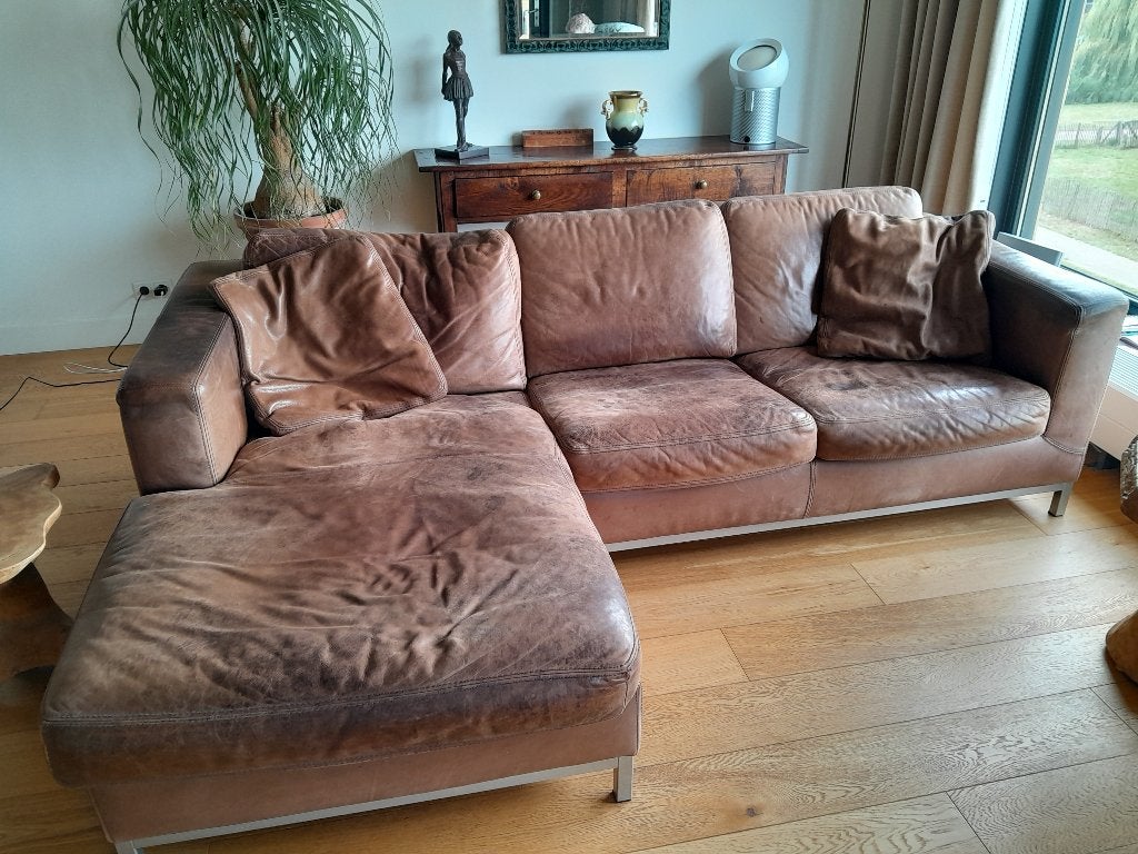 vintage leren loungebank, Ophalen, Gebruikt, Minder dan 75 cm, Leer