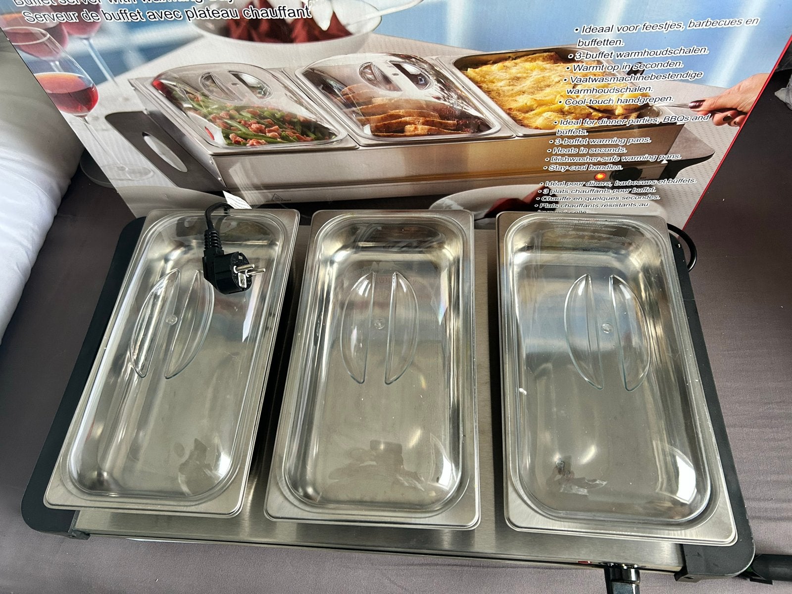 Buffet serveerschalen + warmhoudplaat, Overige typen, Zilver, Ophalen of Verzenden, Zo goed als nieuw