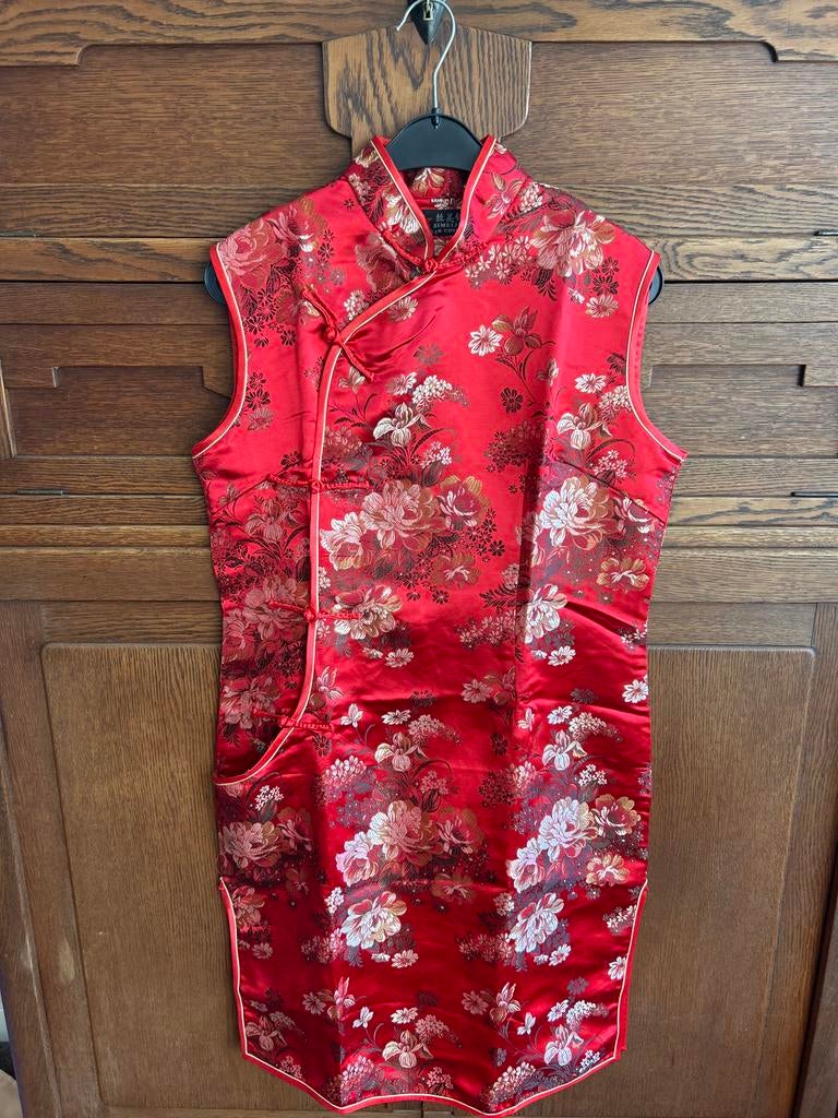 Mooie rode Chinese jurk met bloemenprint, maat 38/40, Maat 38/40 (M), Ophalen of Verzenden, Knielengte, Gedragen