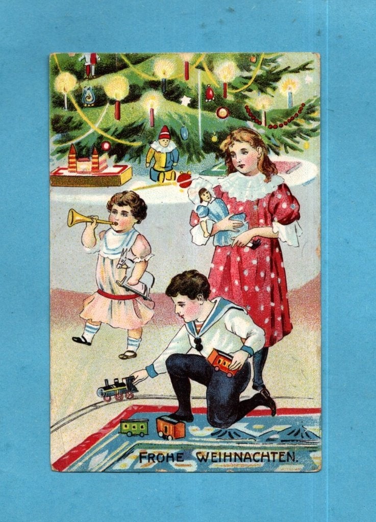 Mooie oude kerstkaart W033 - Kinderen spelen onder kerstboom, Verzamelen, Ophalen of Verzenden, Voor 1920, Ongelopen, Feest(dag)