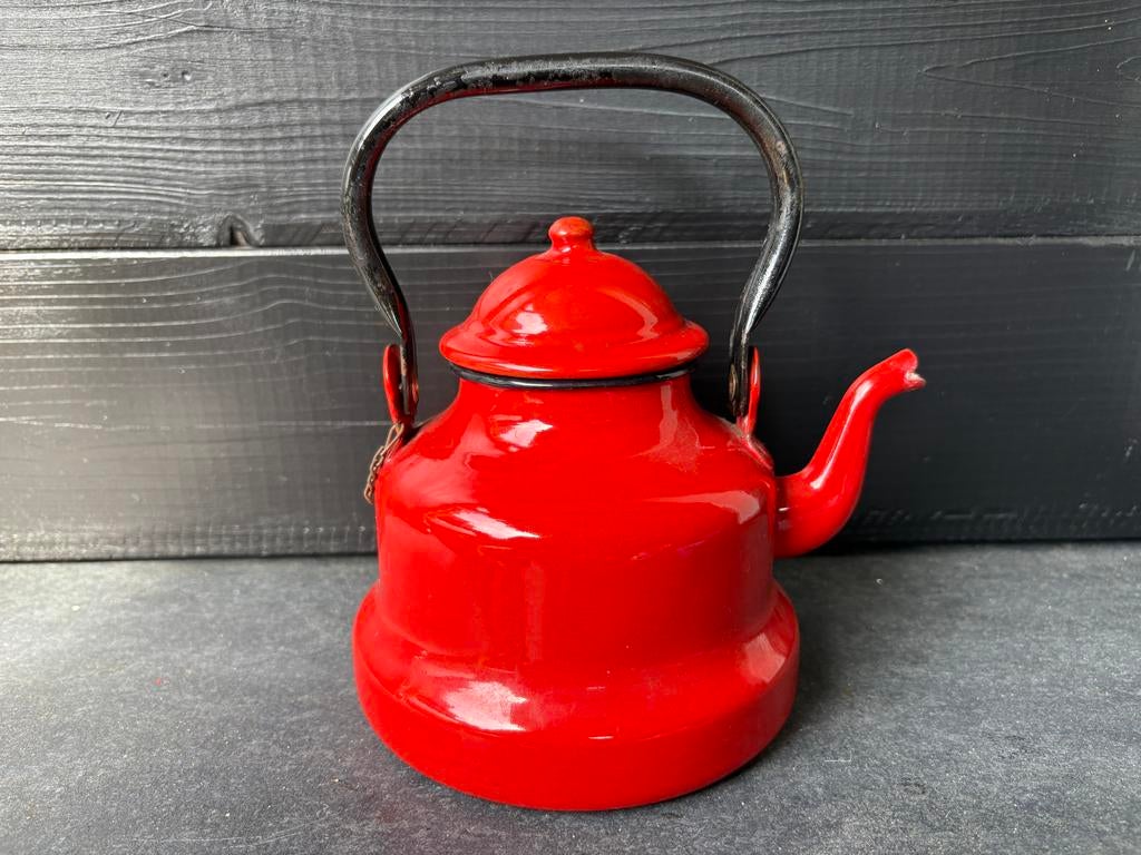Nr 23. Vintage Emaille Theepot / ketel rood doorsnede 14 cm, Antiek en Kunst, Antiek | Emaille, Ophalen of Verzenden