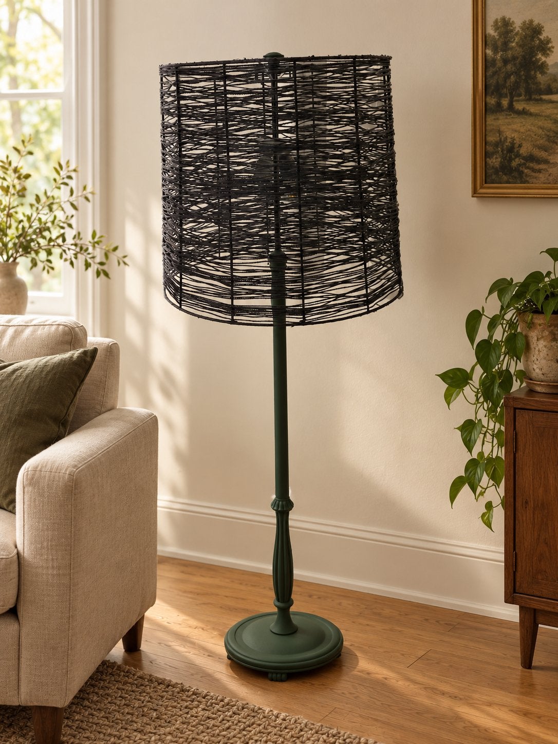 Sfeervolle vintage vloerlamp met zwarte gevlochten kap, Ophalen, Gebruikt, E27 (groot), 150 tot 200 cm