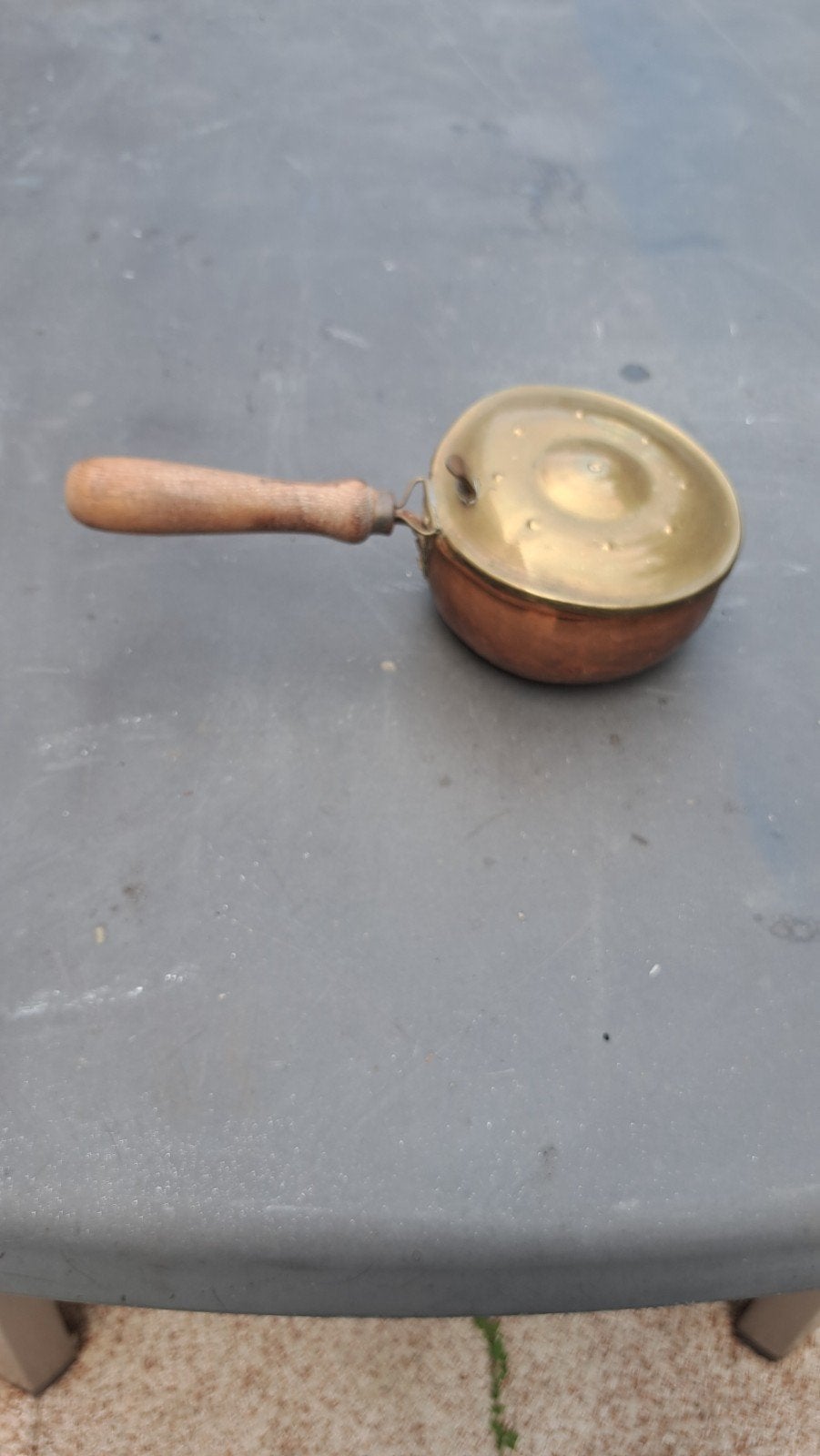 Antieke Koperen Pan met Houten Handvat en Deksel, Ophalen, Koper