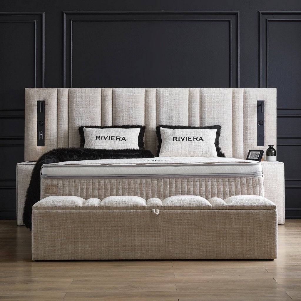 Riviera 2-persoons opbergbed XL hoofdbord - Beige, Niet ingevuld, Niet ingevuld, Niet ingevuld