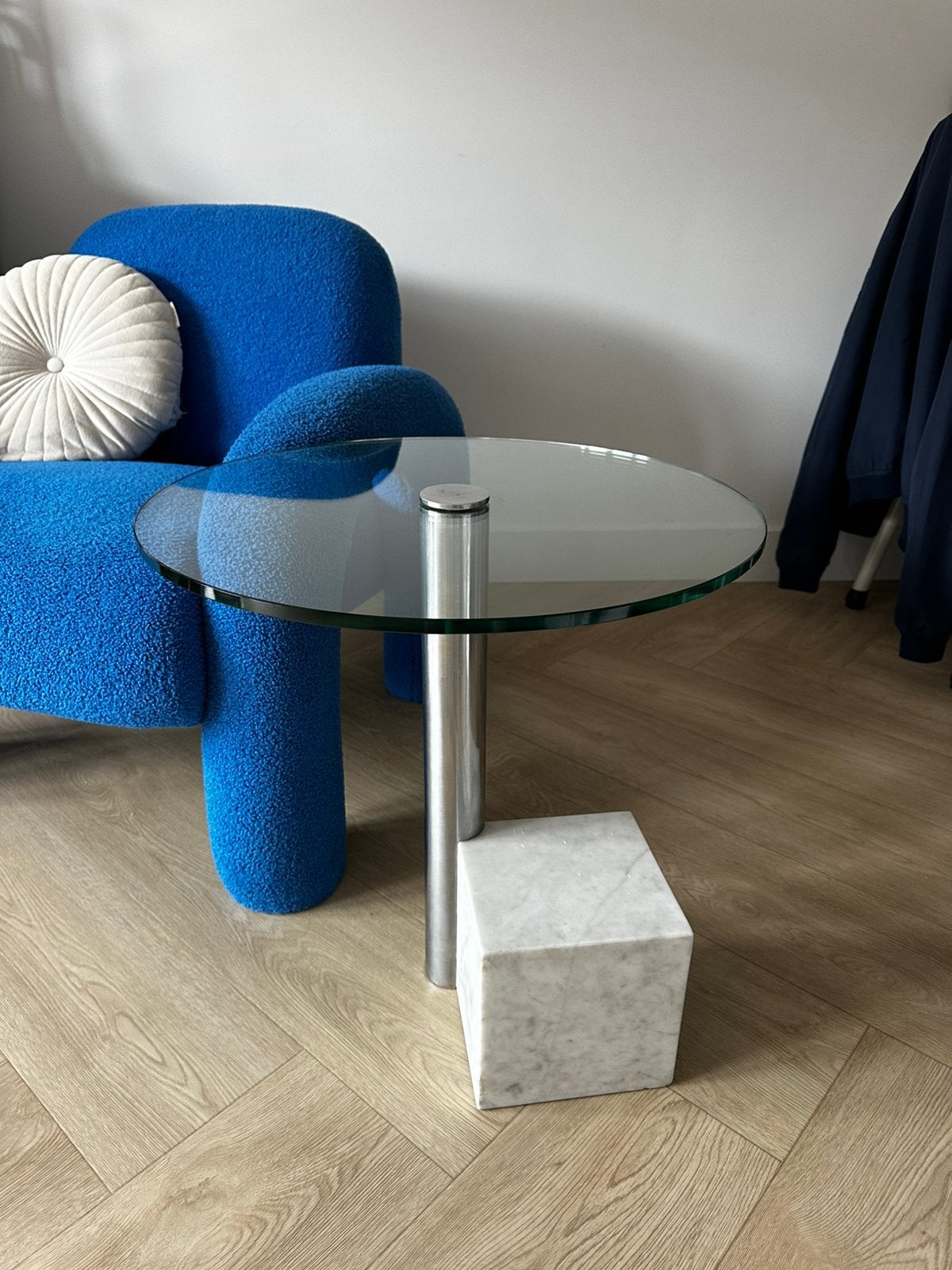Hank Kwint bijzet tafel marmer glas vintage, Minder dan 55 cm, Gebruikt, Rond, Glas