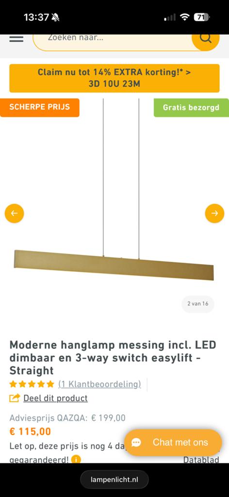 Moderne messing hanglamp met LED en dimfunctie, Huis en Inrichting, Ophalen of Verzenden, Nieuw, Metaal