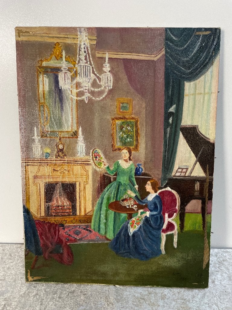 Oud Schilderij Huiselijke Voorstelling, Origineel werk, Doek, Ophalen of Verzenden, Olieverf