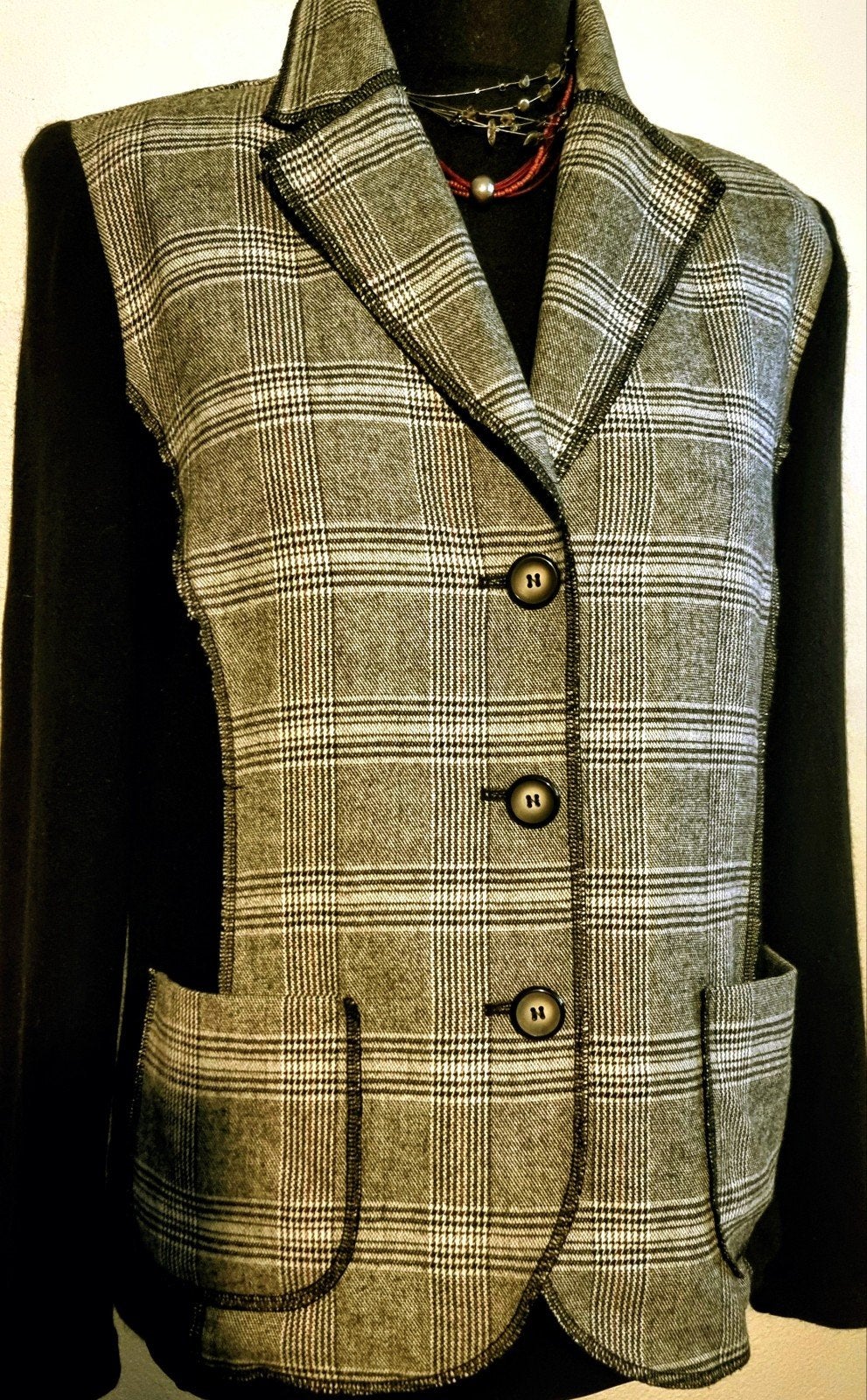 Prachtig Frank Walder Geruit Stretch Wol Angora Jasje Gilet, Zwart, Maat 42/44 (L), Nieuw, Ophalen of Verzenden