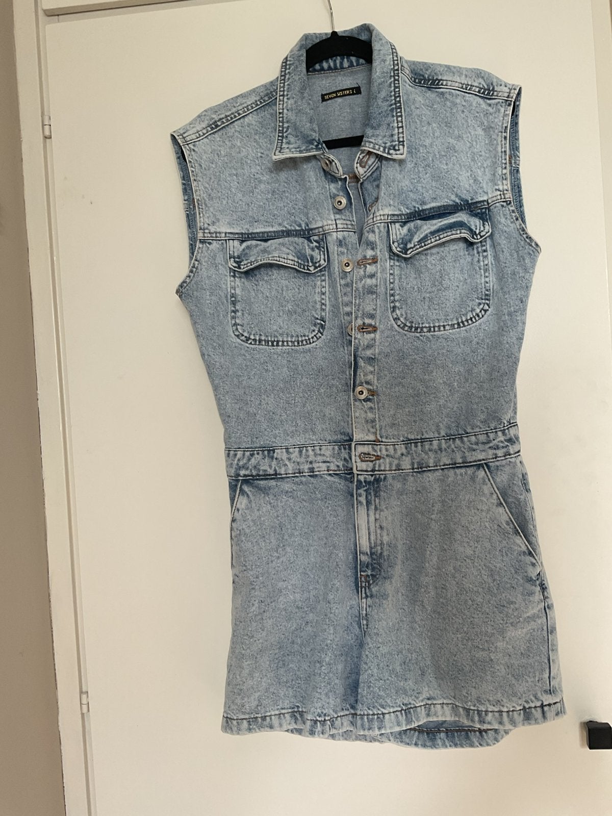 Leuke denim broekjurk( Seven Sisters( Mt L) z.g.a.n., Ophalen of Verzenden, Zo goed als nieuw, Blauw, Boven de knie