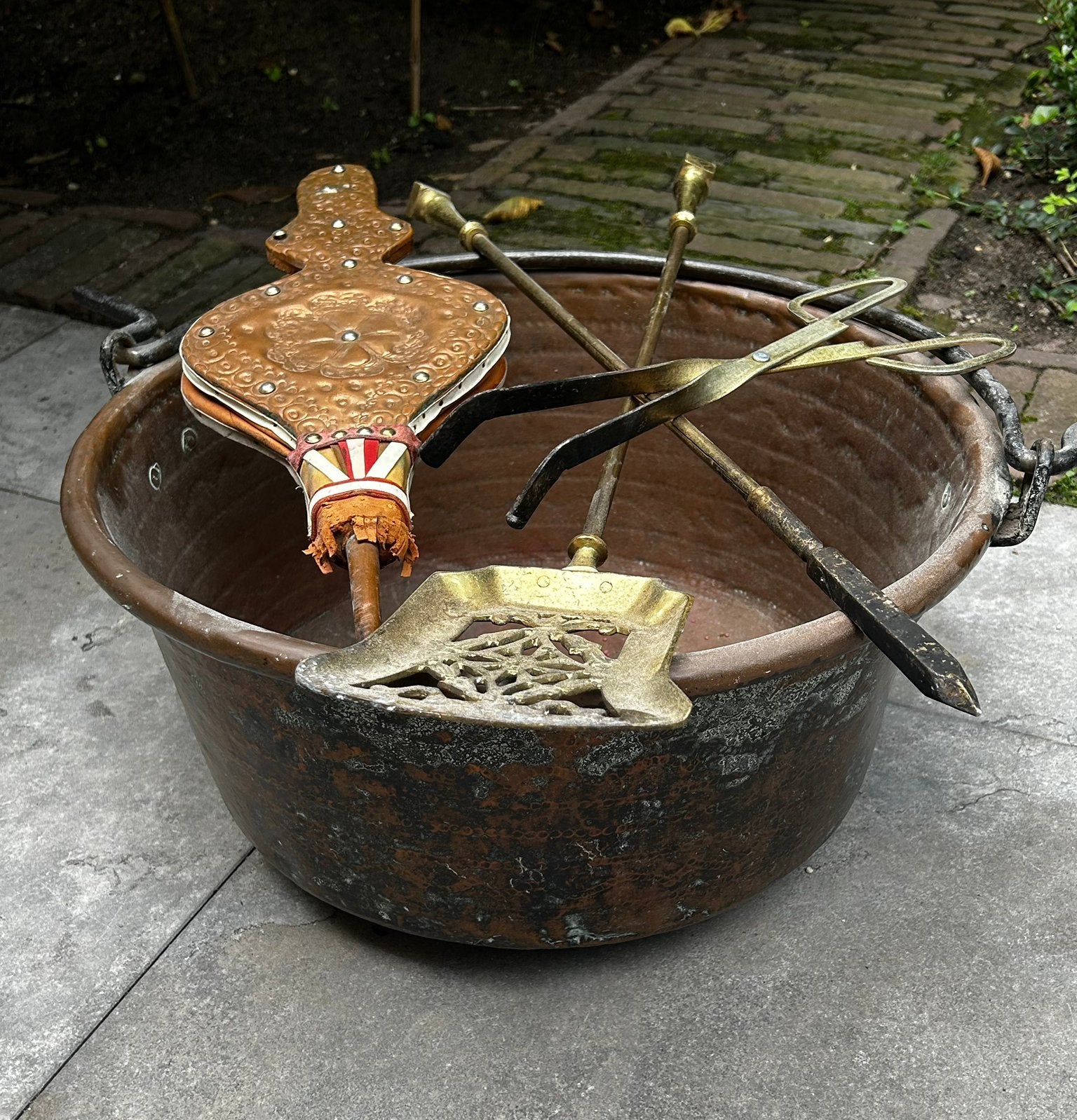 Antieke koperen haardset met ketel, Antiek en Kunst, Ophalen, Koper