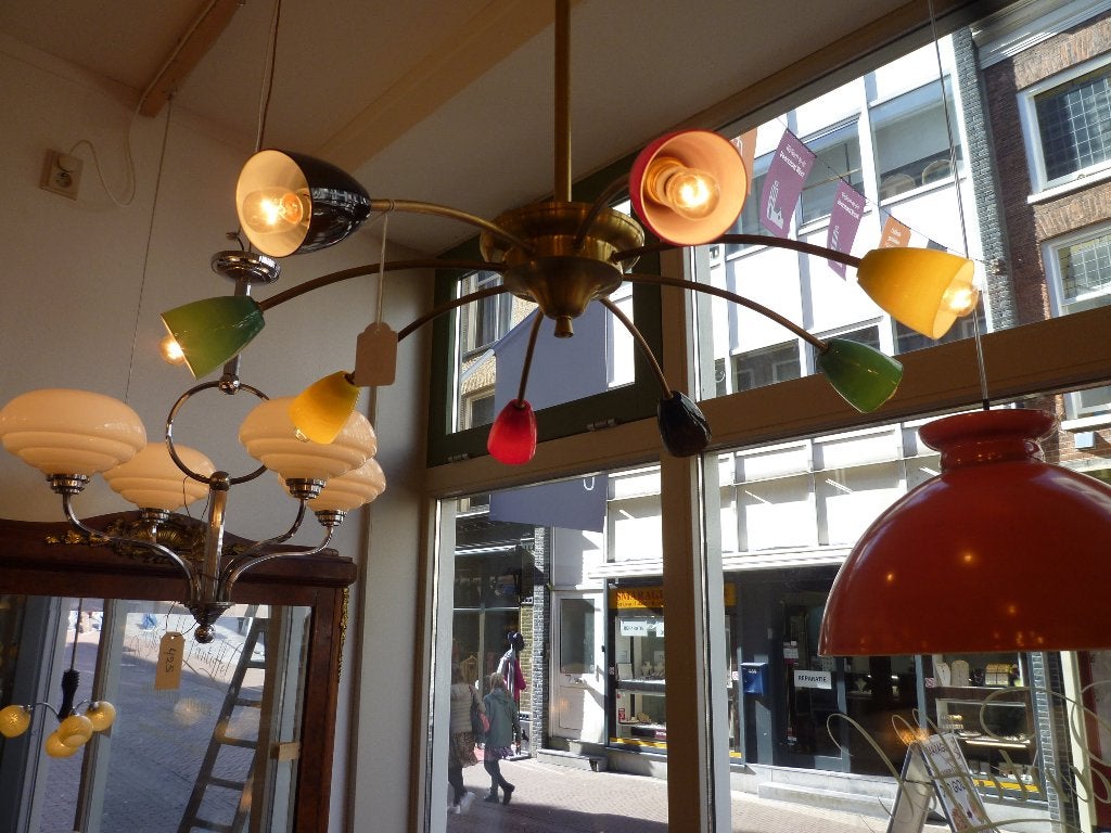 Uitzonderlijk lamp met 8 armen en kapjes in 4 kleuren., Ophalen of Verzenden, Zo goed als nieuw, Glas, Vintage