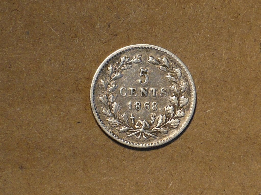 Prachtige en zeldzaam zilveren 5 cents 1868, Willem III., Koning Willem III, Zilver, Ophalen of Verzenden, Losse munt
