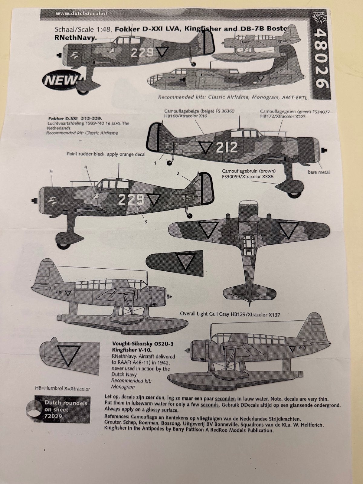 Dutch Decal 48026 Fokker D-XXI, Kingfisher, DB-7B Boston, Overige merken, Nieuw, Ophalen of Verzenden, Groter dan 1:72