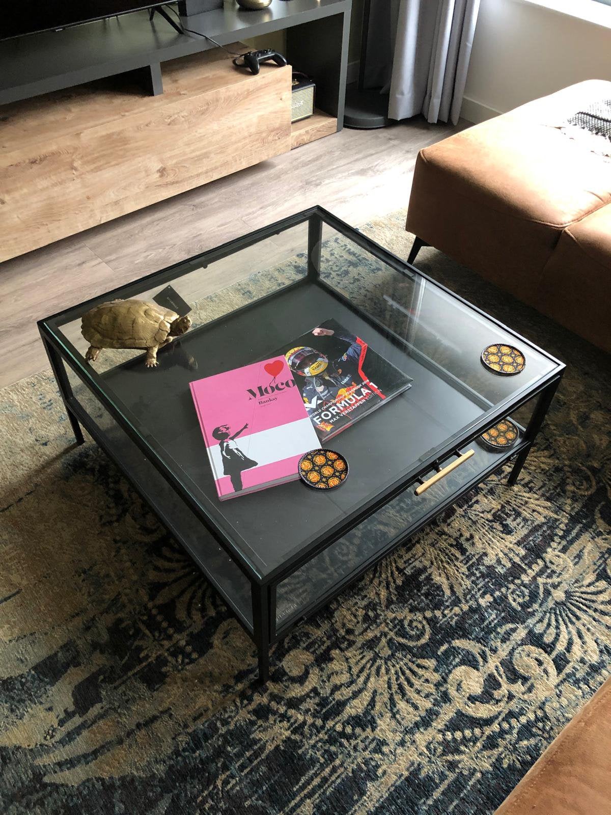 Riverdale Elena salontafel 80x80 – glas/zwart metaal, Huis en Inrichting, Tafels | Salontafels, Ophalen, 50 tot 100 cm, Vierkant