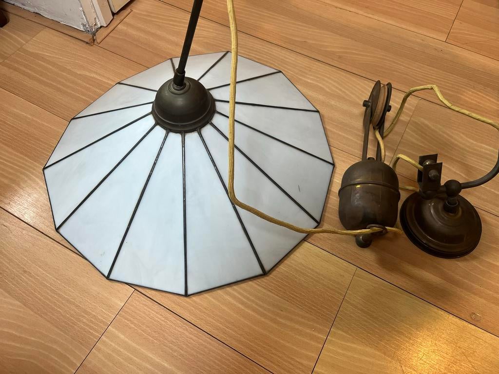 Vintage glas in lood hanglamp met katrol, Ø 52 cm, Antiek en Kunst, Antiek | Lampen, Ophalen