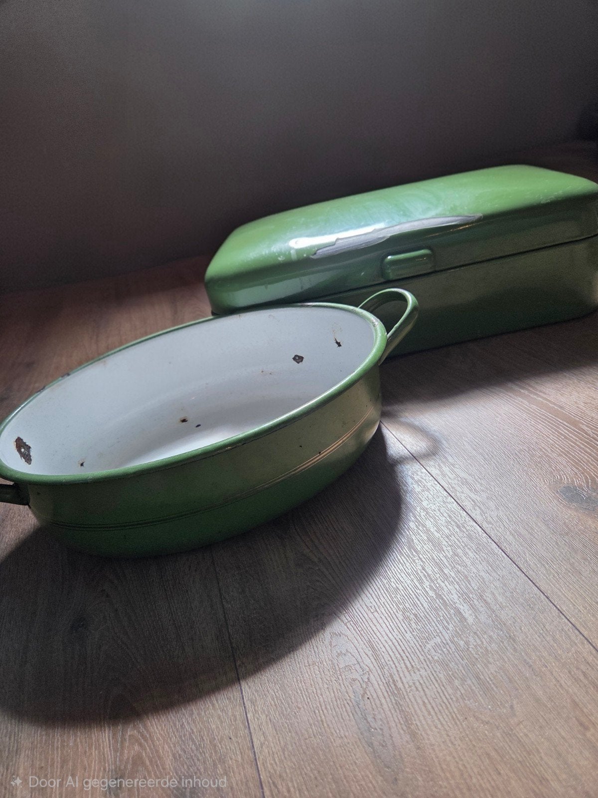 Vintage Groene Emaille Broodtrommel en fruitschaal, Ophalen