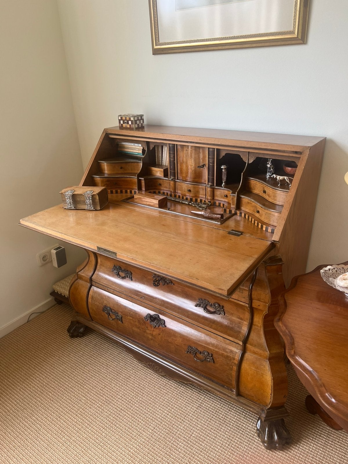 Antiek Biedermeier secretaire damesbureau intarsia rand, Ophalen, Gebruikt