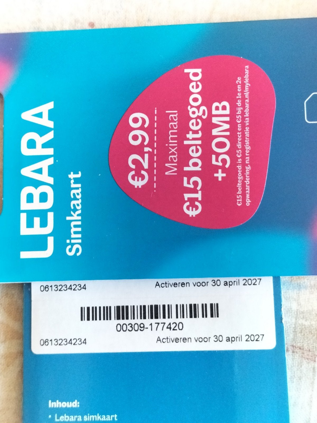06-13-234-234 MOOI NUMMER LEBARA PREPAID SIMKAART NUMMER, Ophalen of Verzenden, Nieuw, KPN, Simkaart
