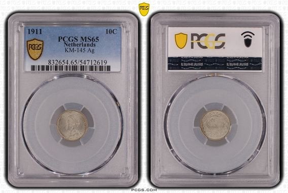 10 cent 1911 Pcgs MS65, Postzegels en Munten, Munten | Nederland, Zilver, Ophalen of Verzenden, 10 cent, Koningin Wilhelmina