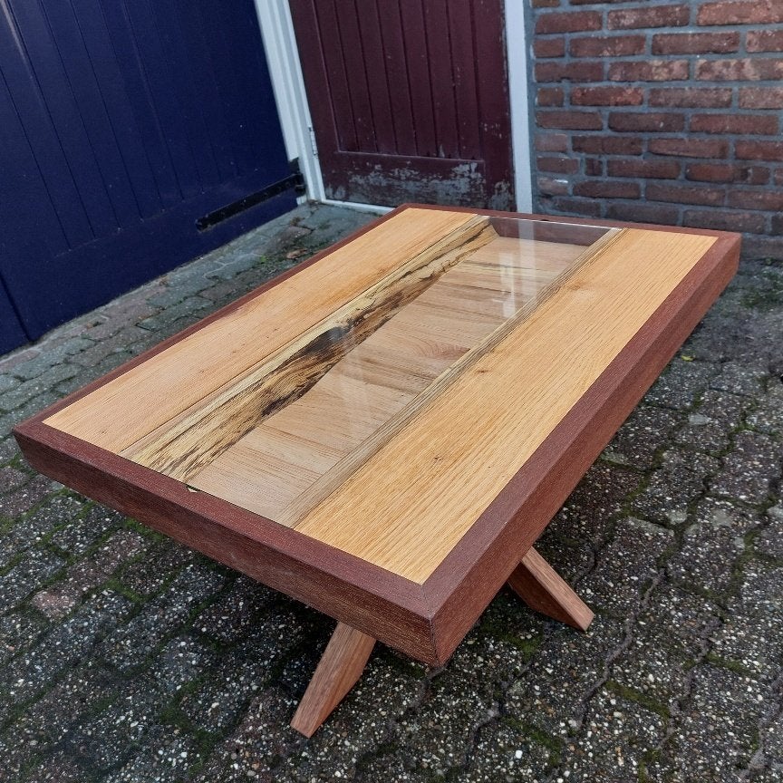 Salon tafel eiken/ meranti, Huis en Inrichting, Ophalen, 100 tot 150 cm, 50 tot 100 cm, Glas