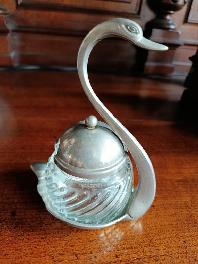 Antieke zwaan suikerpot/jam pot, glas en metaal, Verzenden