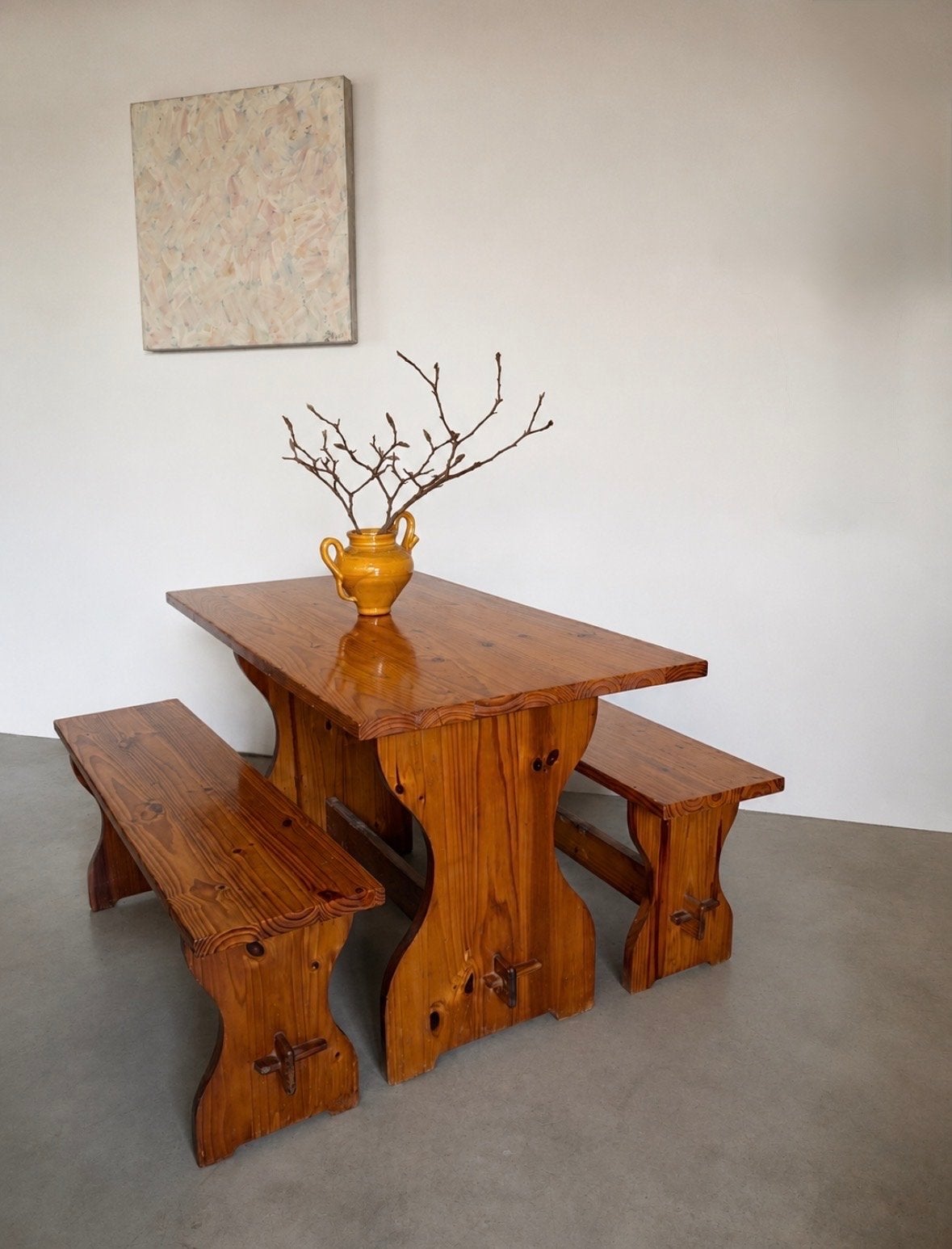 Vintage houten eettafel met twee banken, Ophalen, Gebruikt, Rechthoekig, 50 tot 100 cm